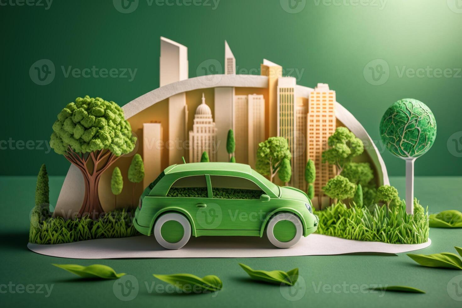 Eco friendly car with cityscape paper cut style, Renewable and sustainable energy concept. photo