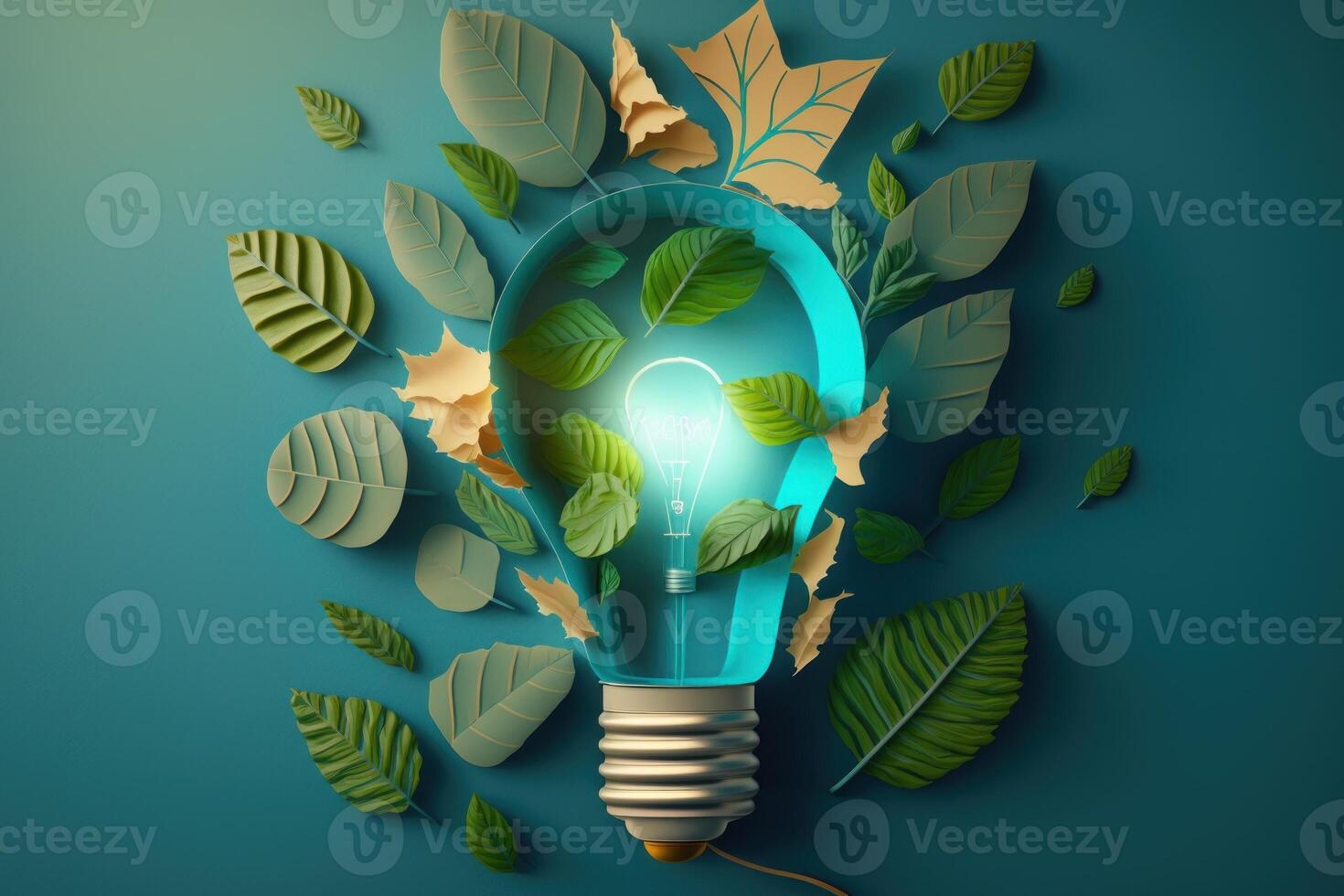 Paper cut of eco friendly light bulb with green leaves, Renewable and sustainable energy concept. photo