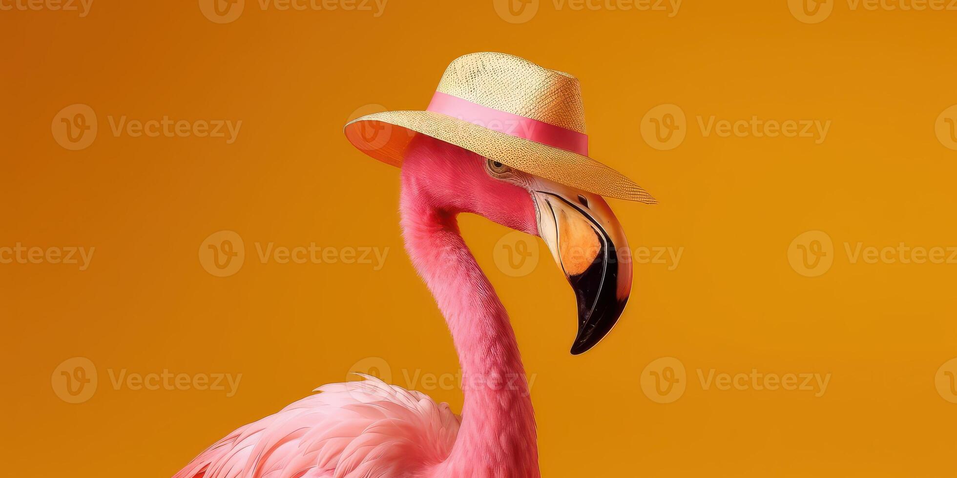 Summer festive with flamingo on yellow background, Tropical summer time. photo