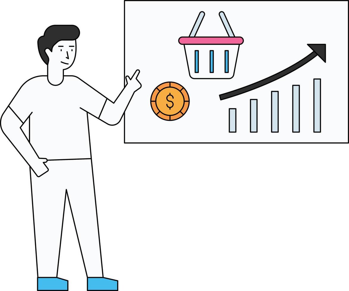 The boy looks at the dollar graph. vector