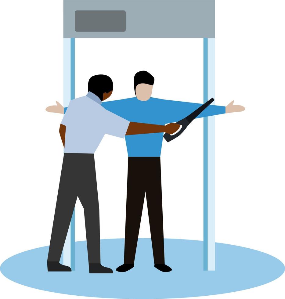 Young man with suitcase going through inspection at airport near police vector illustration