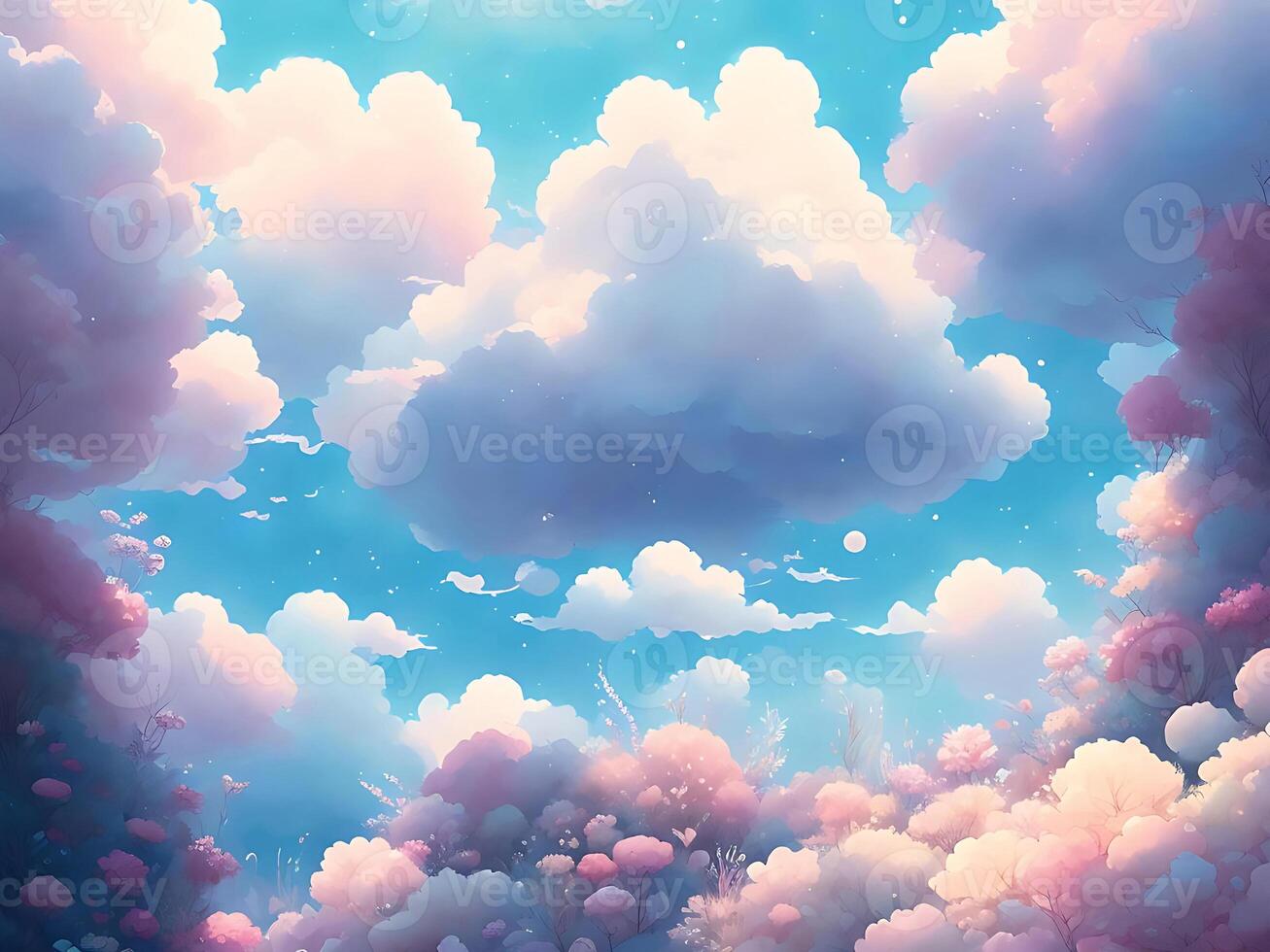 Adorable anime clouds dreamy background with pastel flowers color. photo