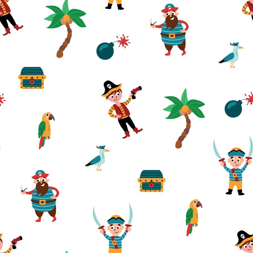 pirata sin costura modelo. piratas, tesoro pecho, Gaviota, loro, palma árbol, bomba. diseño para tela, textil, fondo de pantalla, embalaje. vector