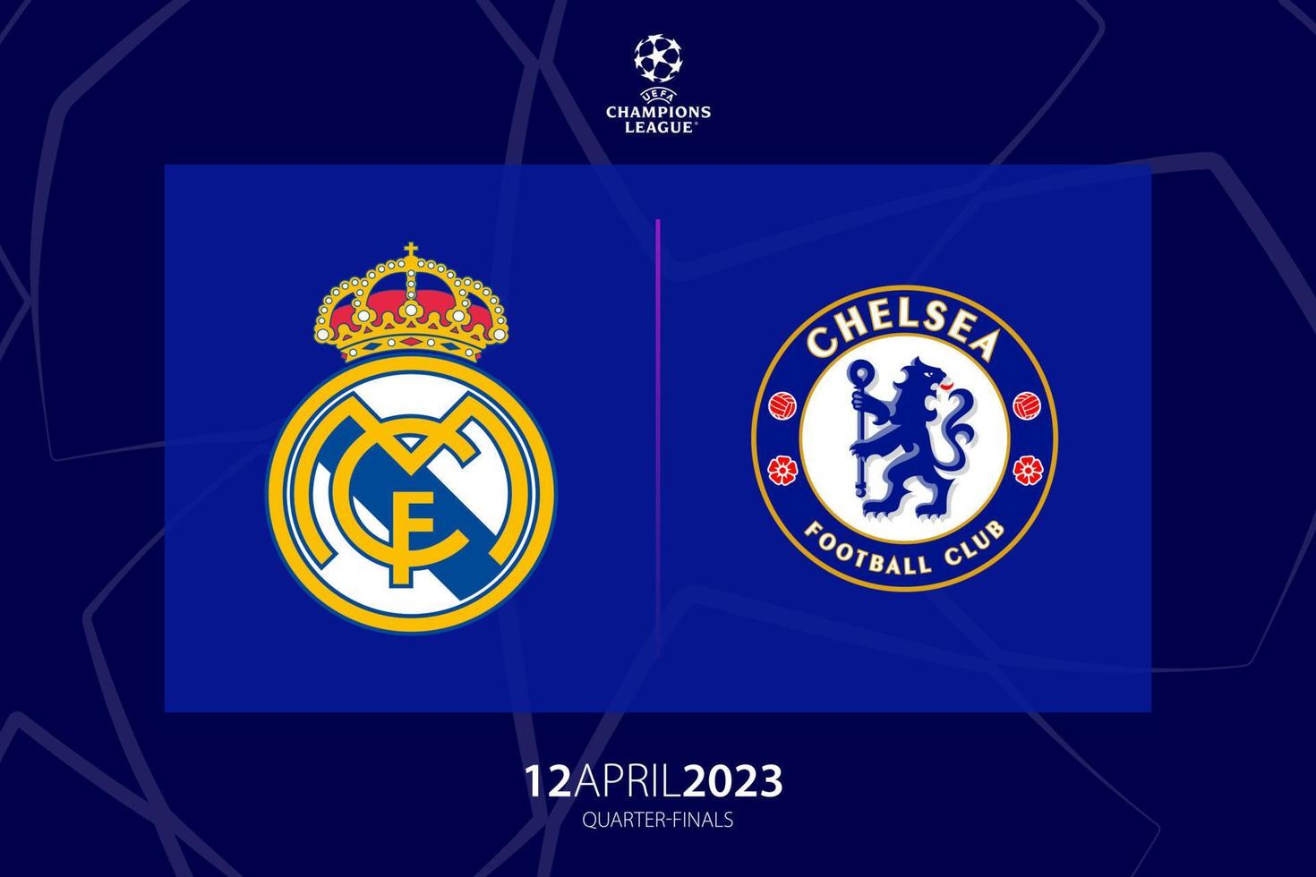 UEFA Champions League 2023 quarter-final between Real Madrid versus Chelsea, game one. Tbilisi, Georgia - April 06, 2023. vector