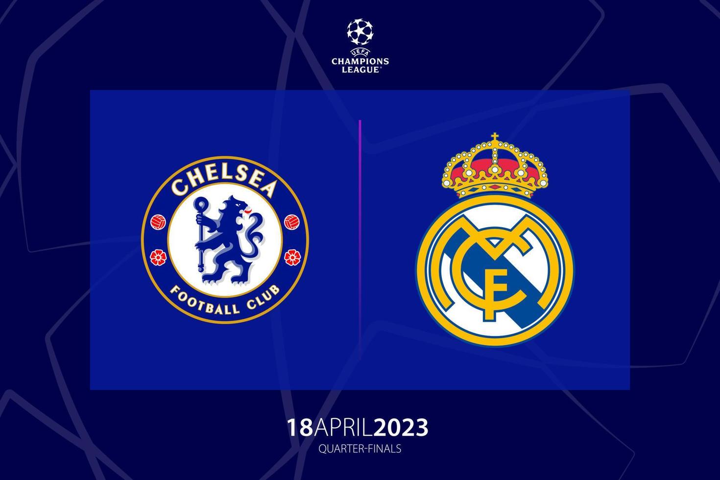 UEFA Champions League 2023 quarter final between Chelsea versus Real Madrid, game two. Tbilisi, Georgia - April 06, 2023. vector