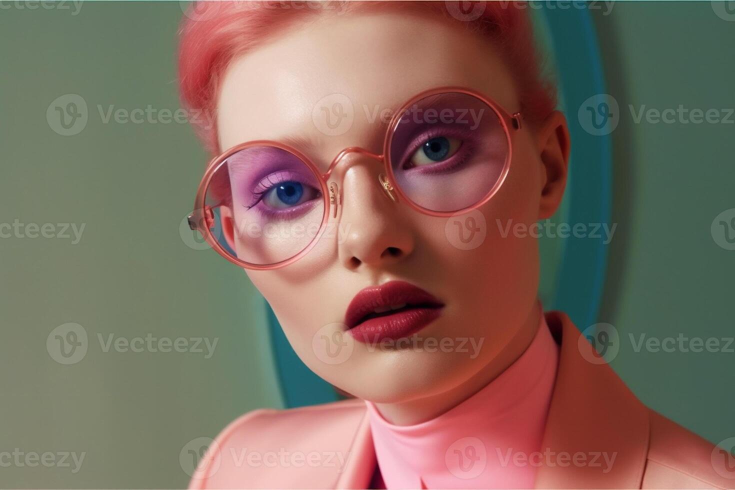 woman with pink glasses photo