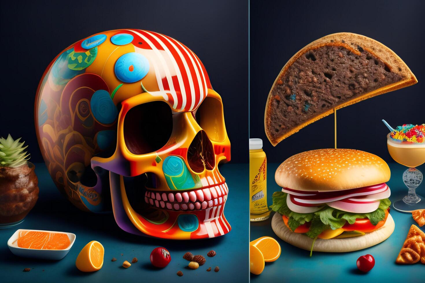 the anatomy of a zoombie head made of junk food. photo