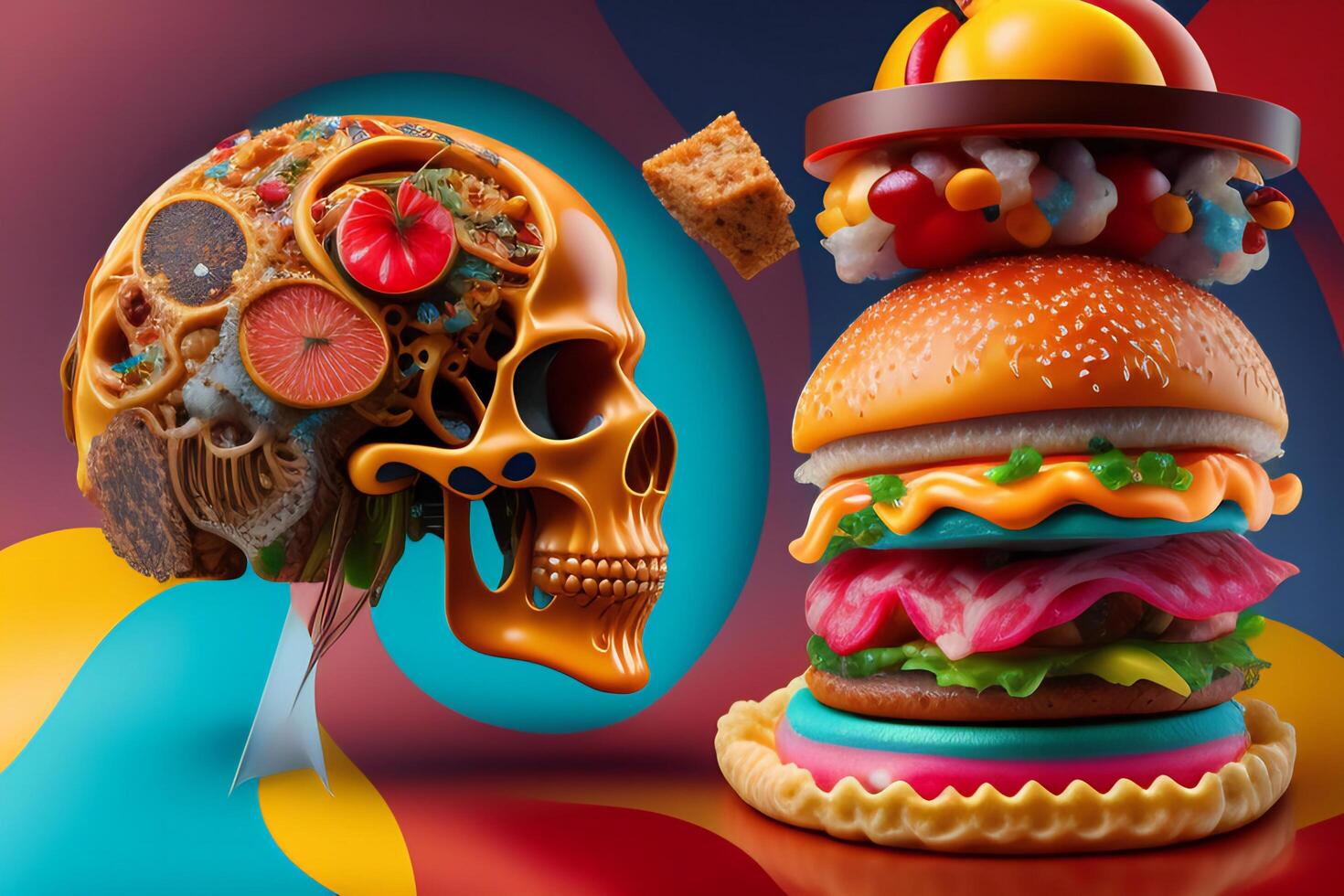 the anatomy of a zoombie head made of junk food. photo