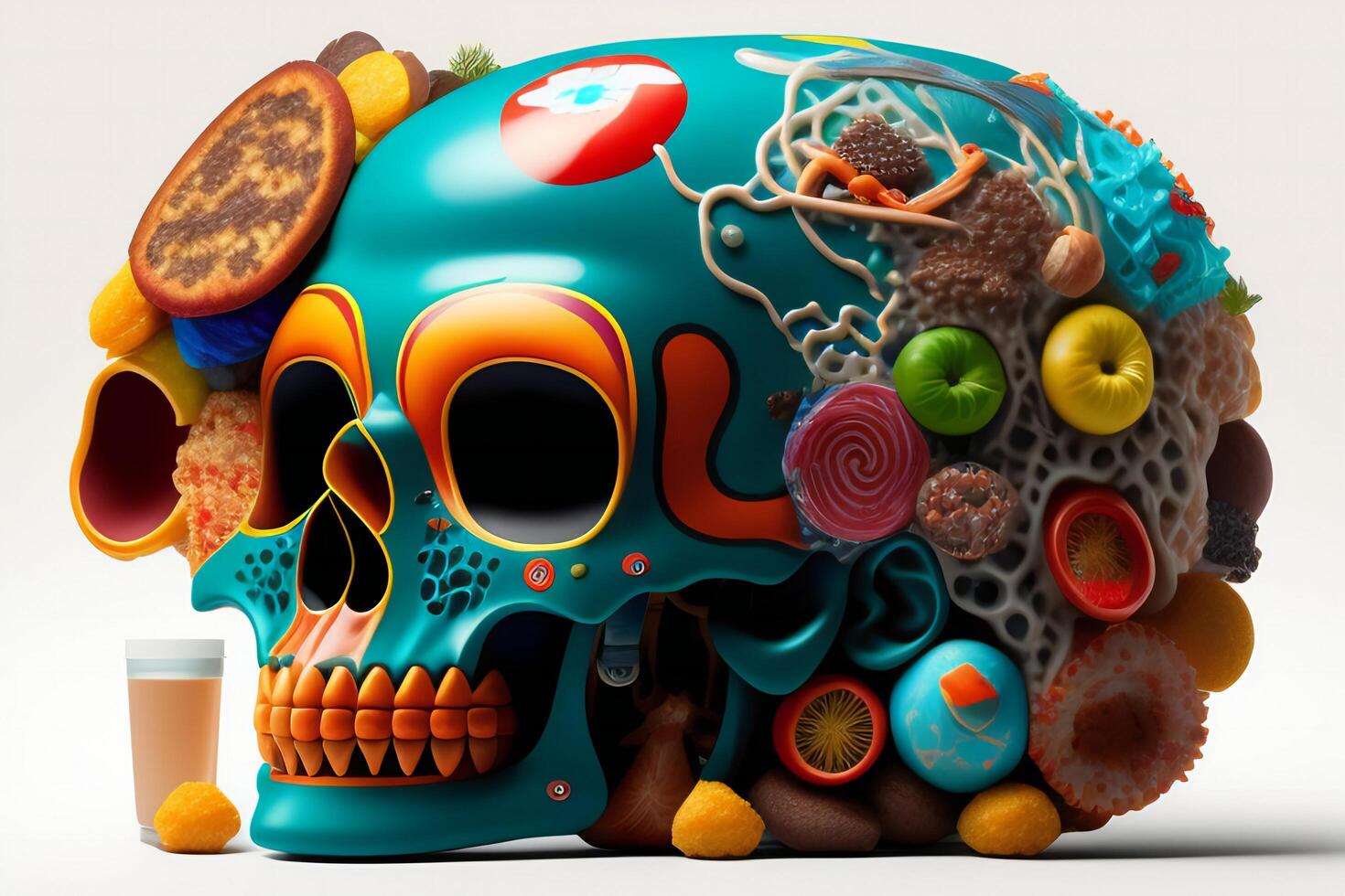 the anatomy of a zoombie head made of junk food. photo