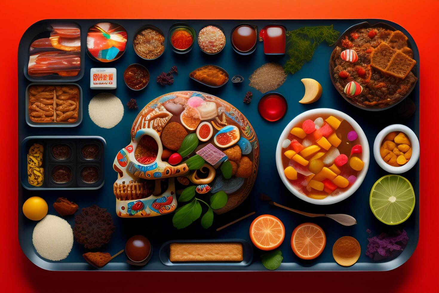 the anatomy of a zoombie head made of junk food. photo
