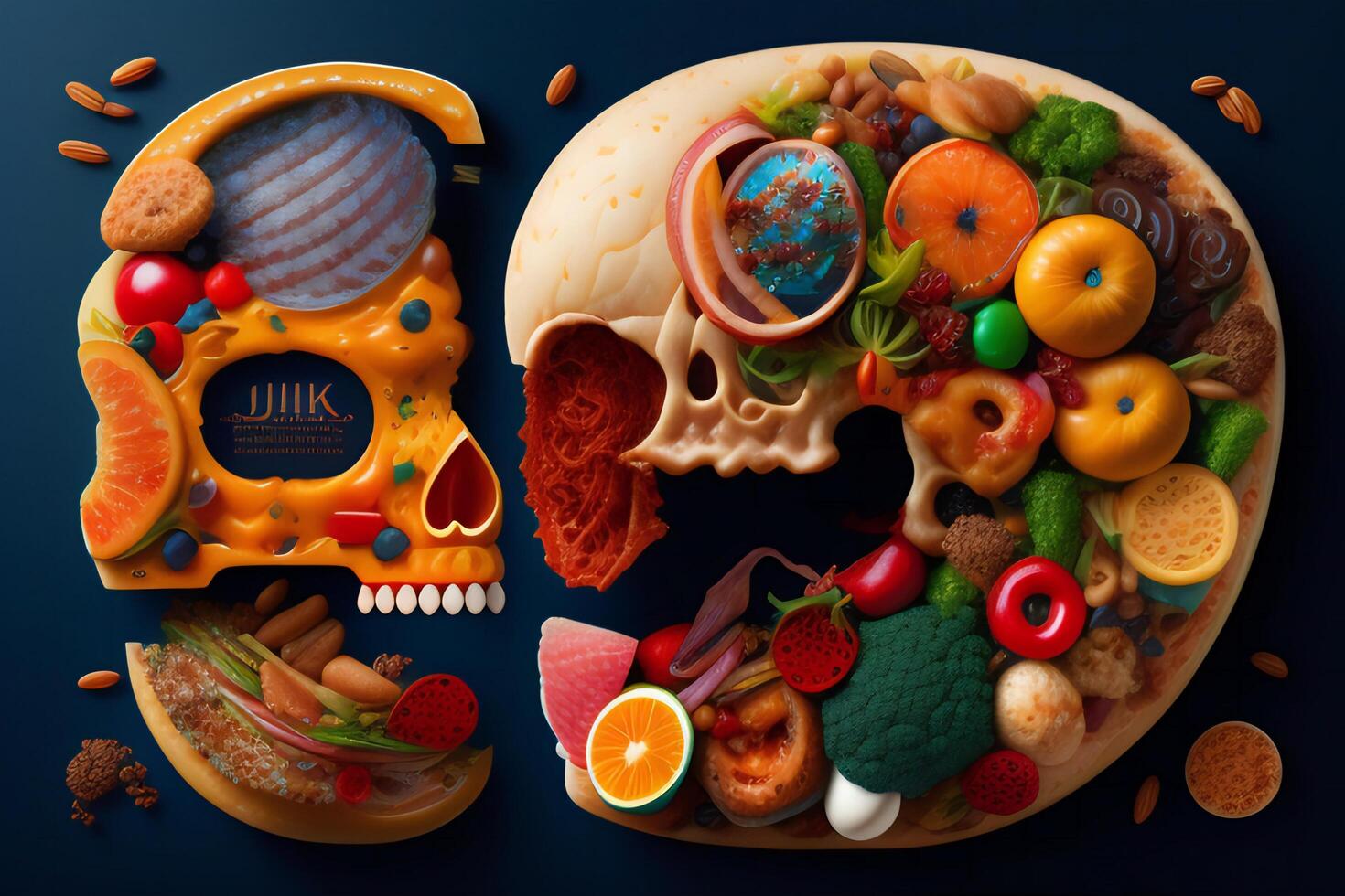 the anatomy of a zoombie head made of junk food. photo