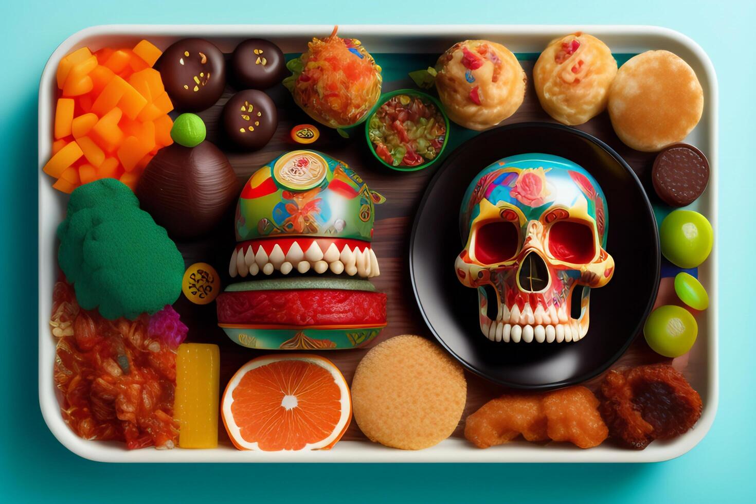 the anatomy of a zoombie head made of junk food. photo