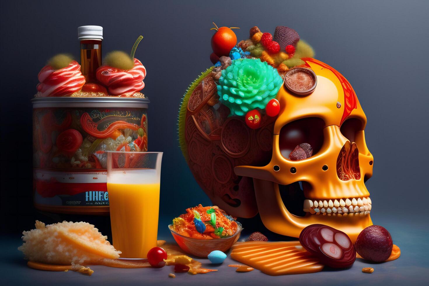 the anatomy of a zoombie head made of junk food. photo