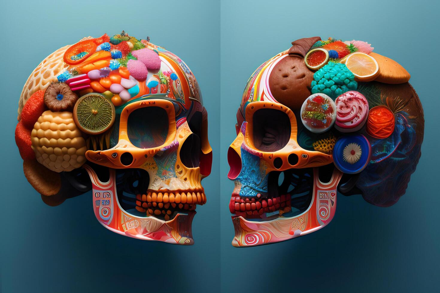 the anatomy of a zoombie head made of junk food. photo