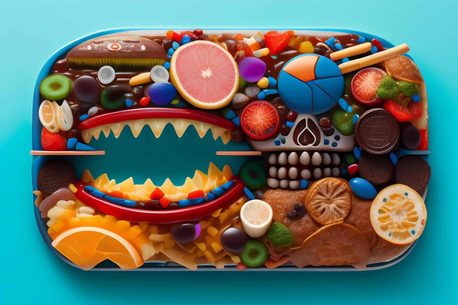the anatomy of a zoombie head made of junk food. photo