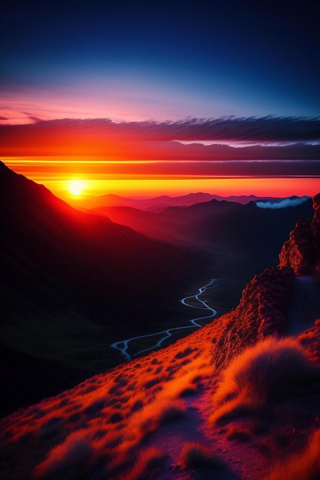 Fantasy landscape. Sunrise over the mountain range. 3d illustration. photo