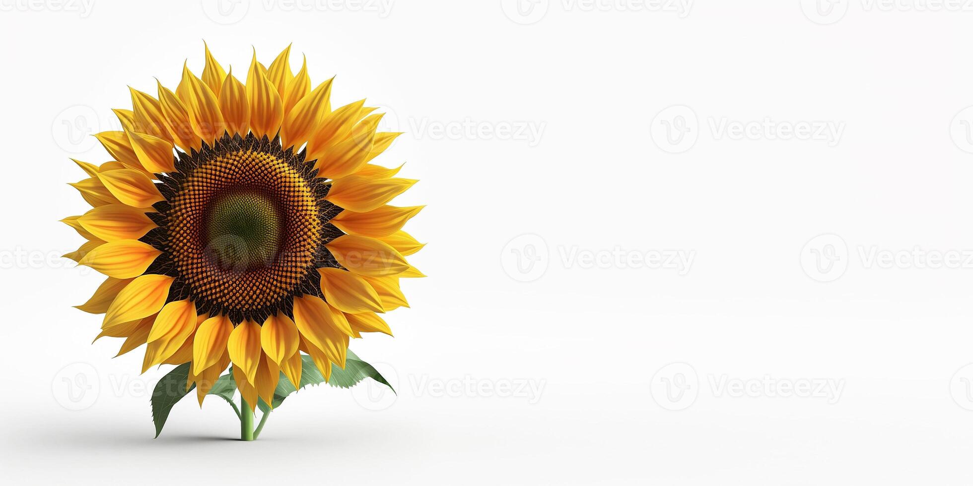 Close-up 3d realistic sunflower isolated on white banner. Place for text. photo