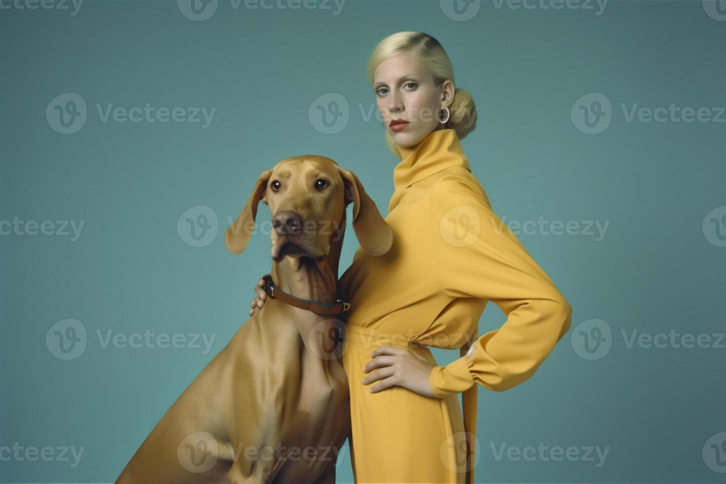 woman with Weimaraner dog in futuristic style photo