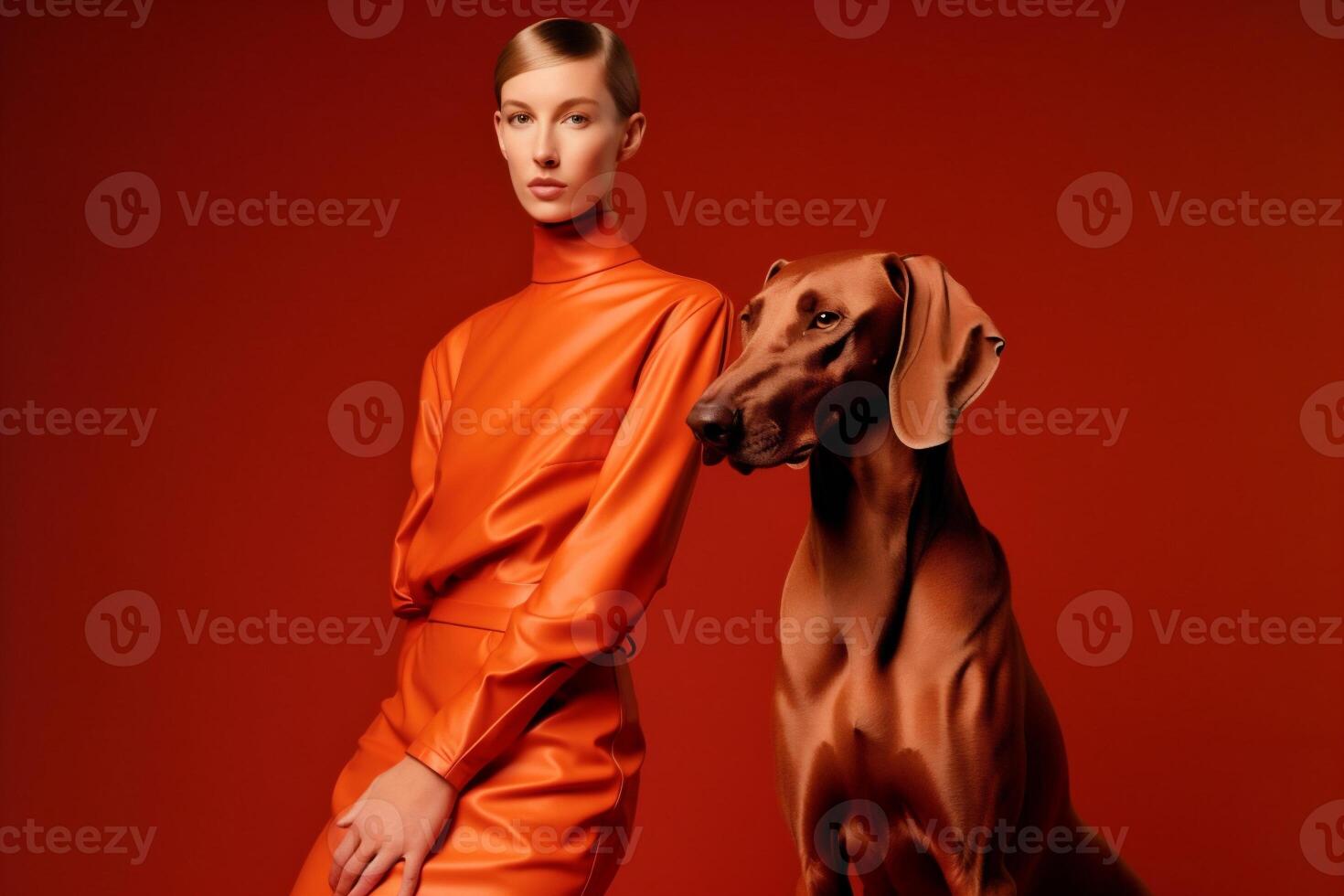 woman with Weimaraner dog in futuristic style photo
