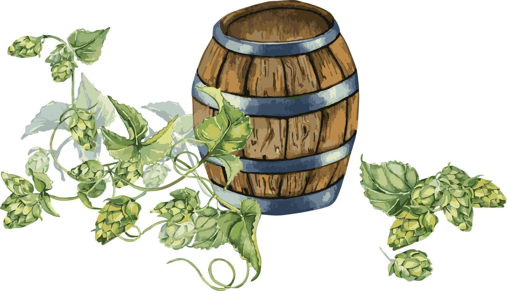 Banner of wooden beer barrel and hop vine watercolor illustration isolated on white background. vector