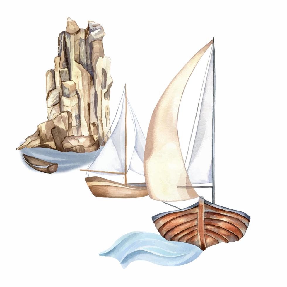 Composition of sailing ships, rocks vintage style watercolor illustration isolated on white. vector