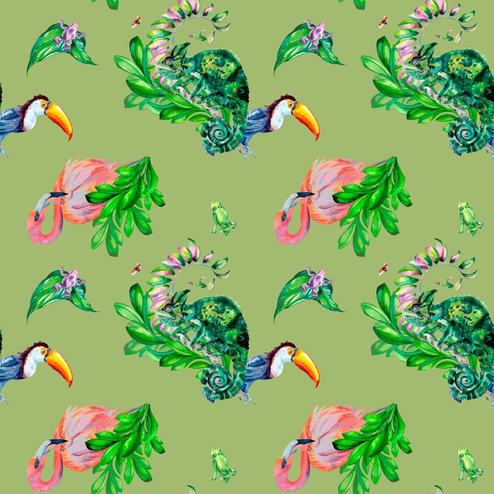 Tropical animals with floral ornate watercolor illustration seamless pattern on green. Bird flamingo, toucan, chameleon and frogs hand painted. Design for wrapping, textile, wallpaper, backgroundeb vector