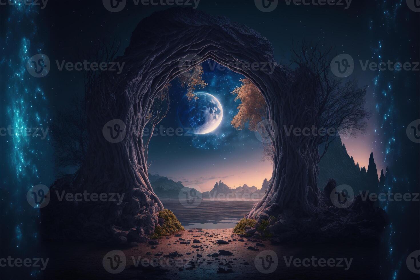 Fantasy nighttime scene future with abstract island moonlight by photo