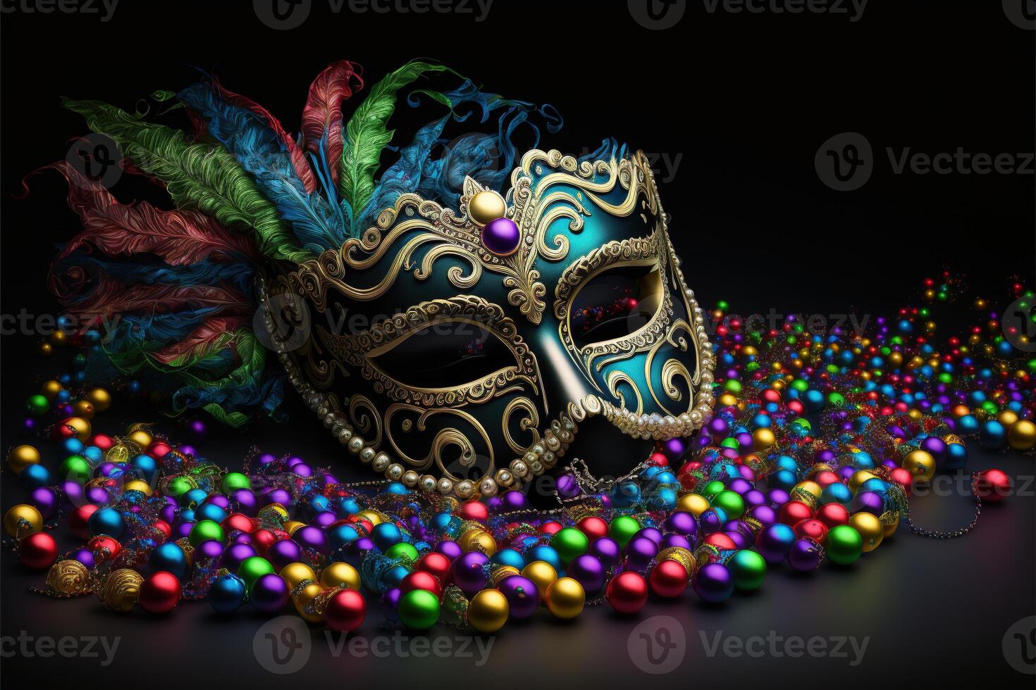 Venetian carnival mask and beads decoration background by photo