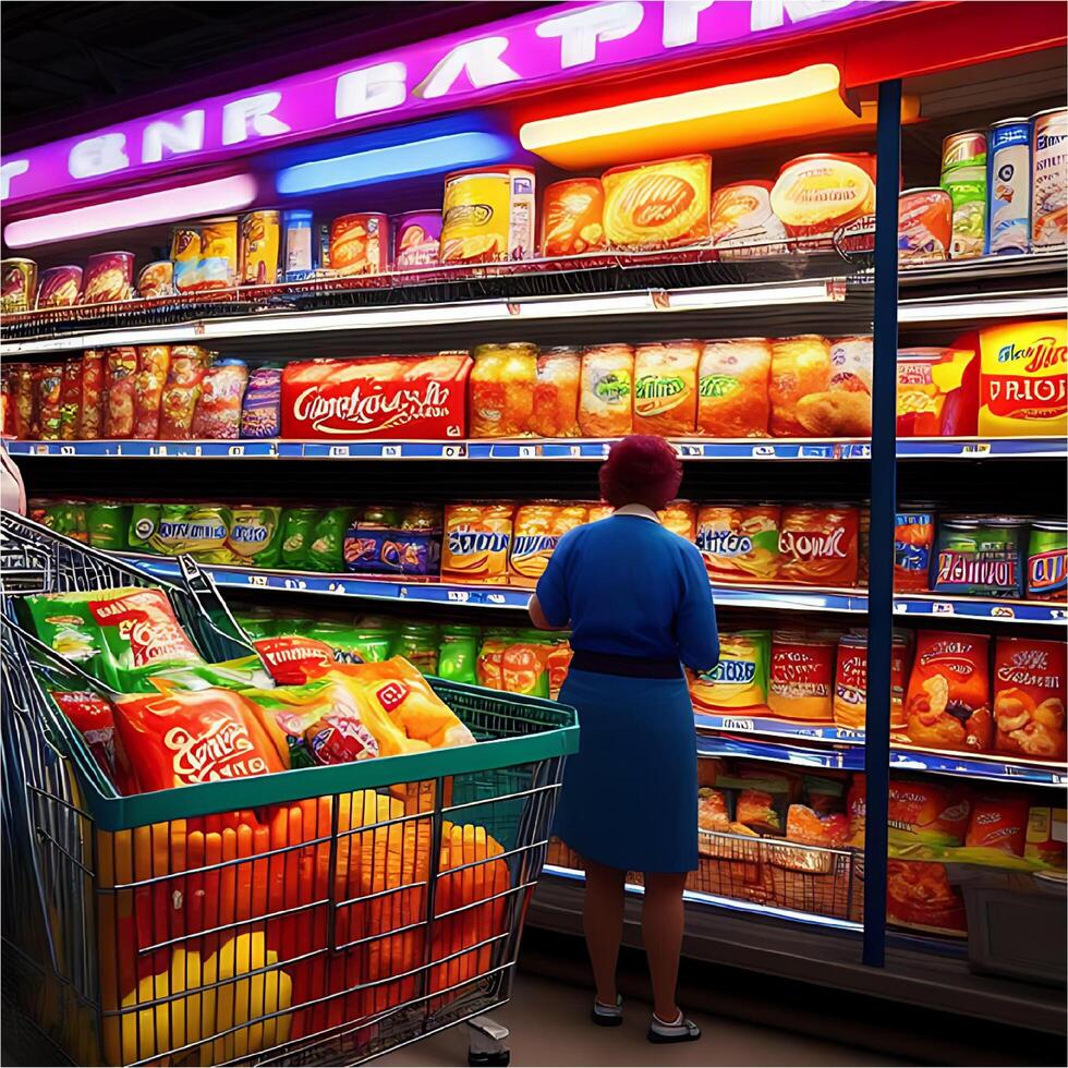 Realistic 3D Grocery Store Groceries with A Lady in Blue Dress Looking for Products Illustration photo