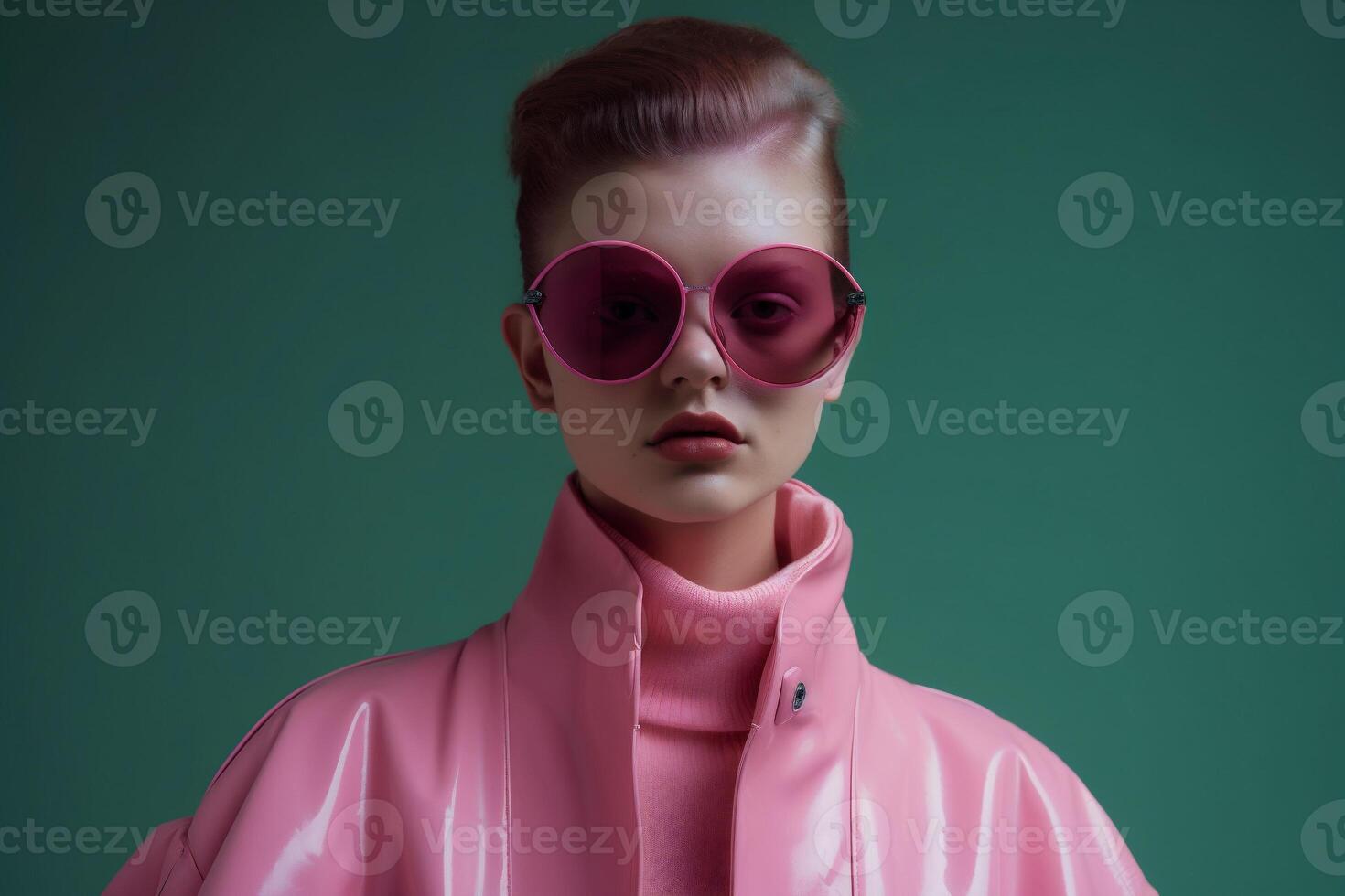 woman with pink glasses and outfit photo