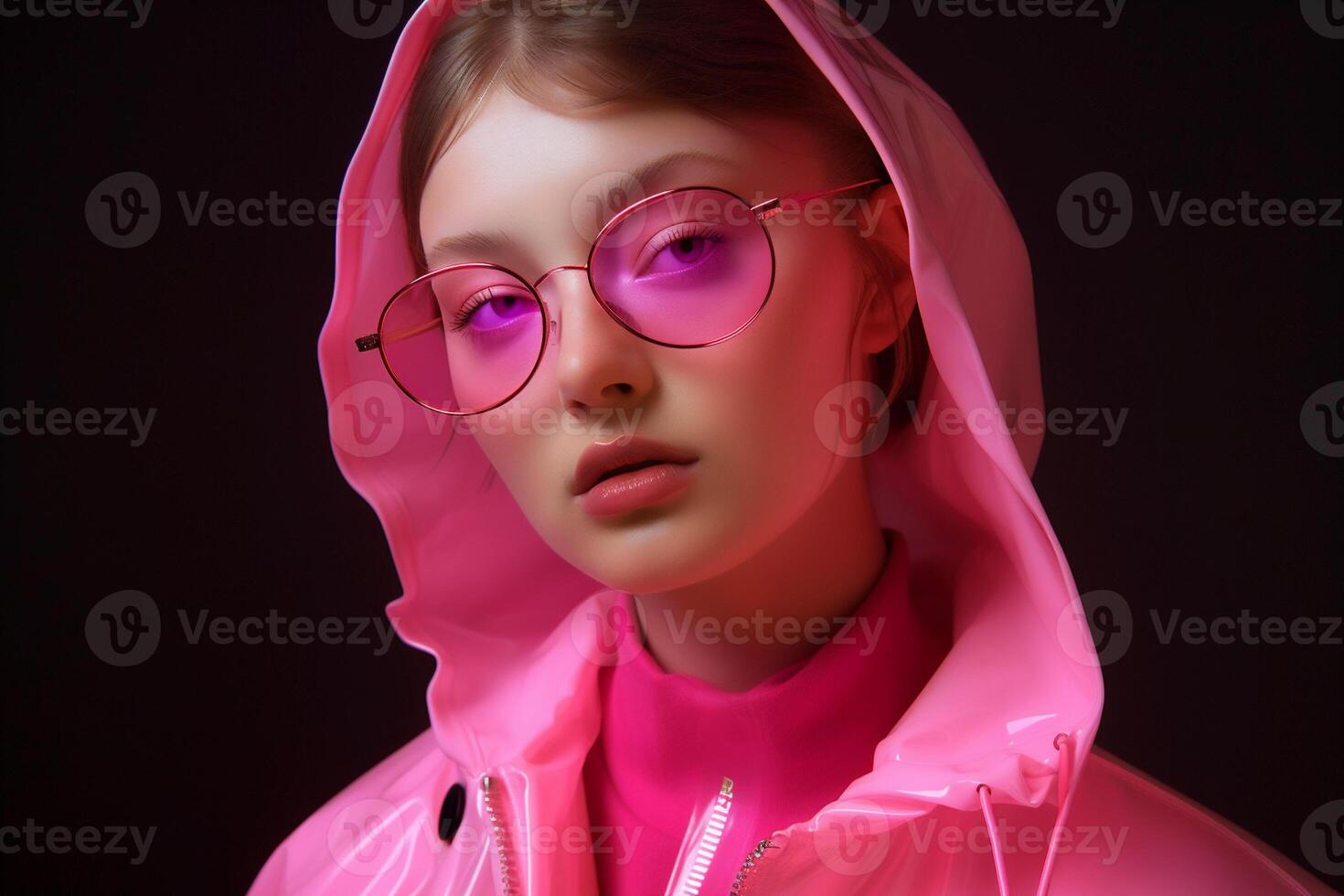 woman with pink glasses and outfit photo