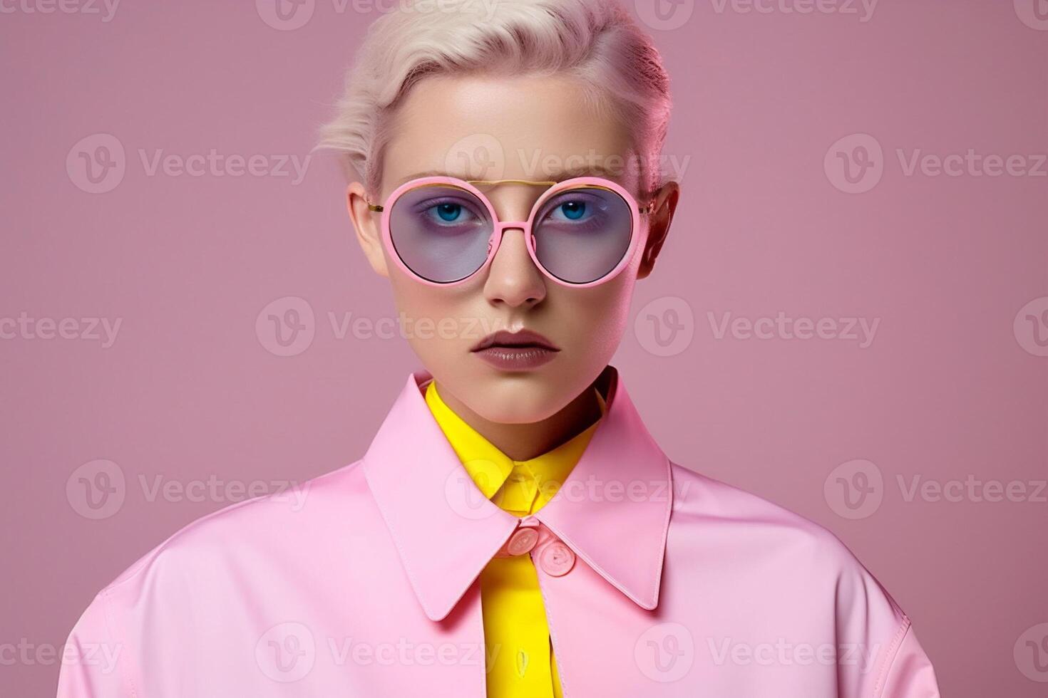 woman with pink glasses and outfit photo