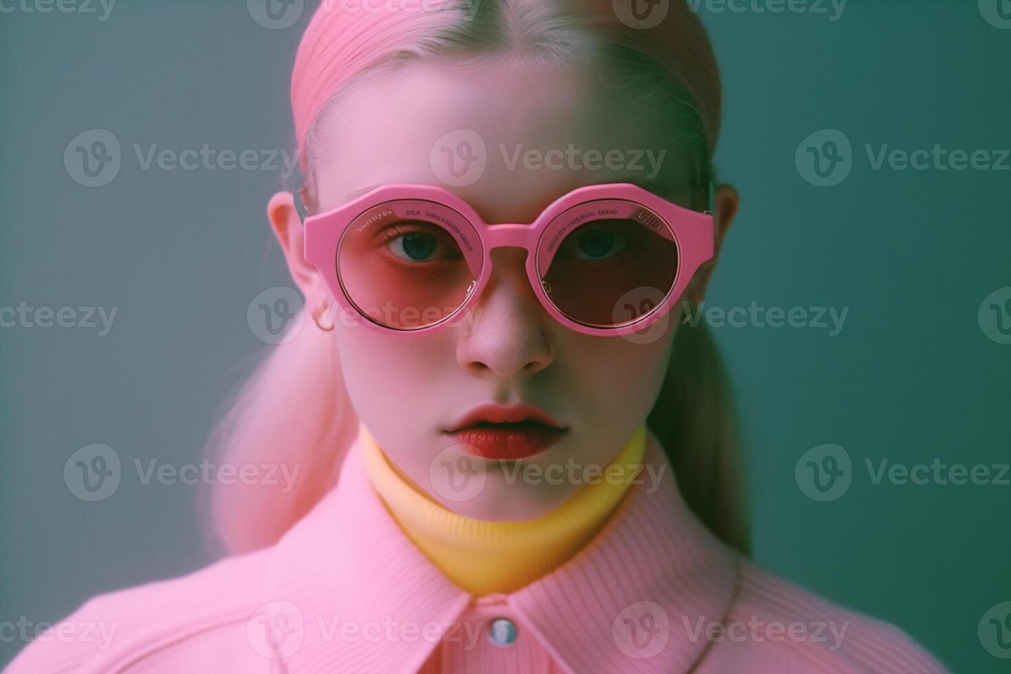woman with pink glasses and outfit photo