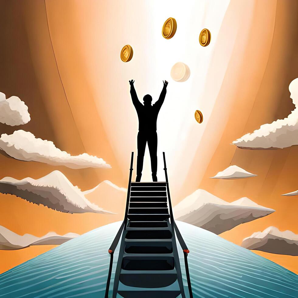 winner illustration man climb ladder with coin falls. photo