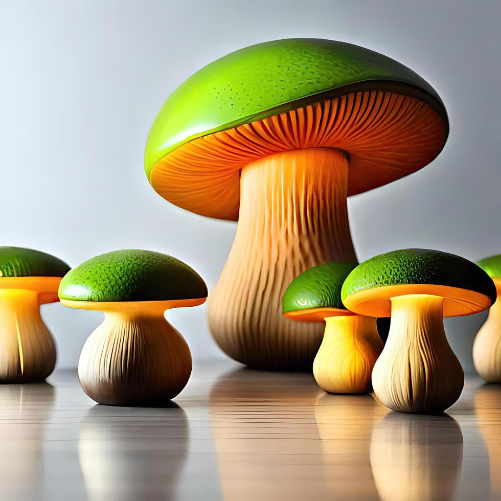 grupo de verde hongos en un marrón mesa. ai generativo foto