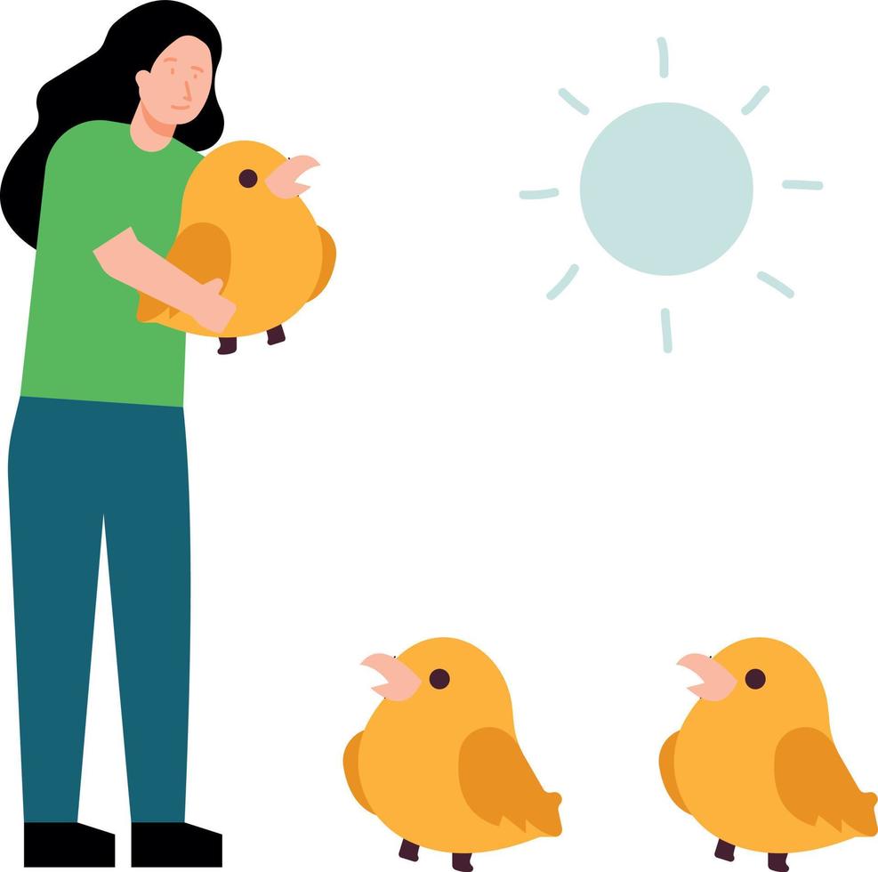 The girl is keeping the chicks in the sunlight. vector