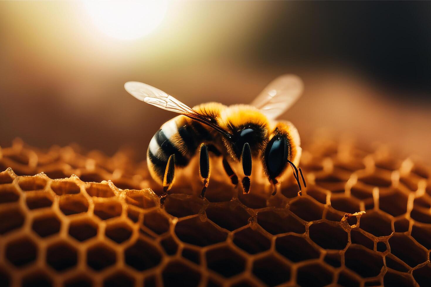 Bee is collecting honey in a beehive with . photo