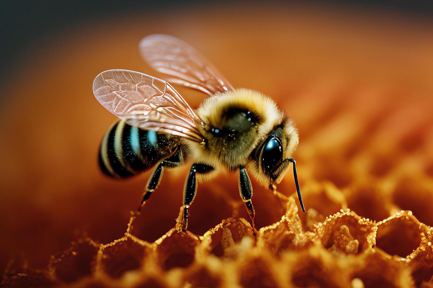 Bee is collecting honey in a beehive with . photo