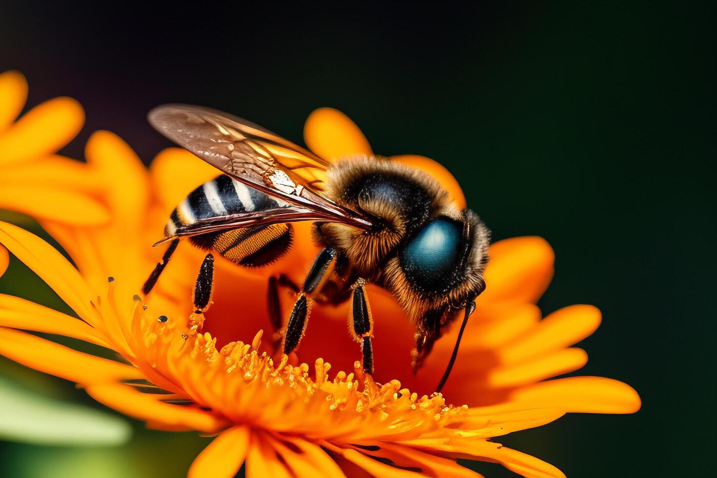 Bee is collecting nectar from a blossom with . photo