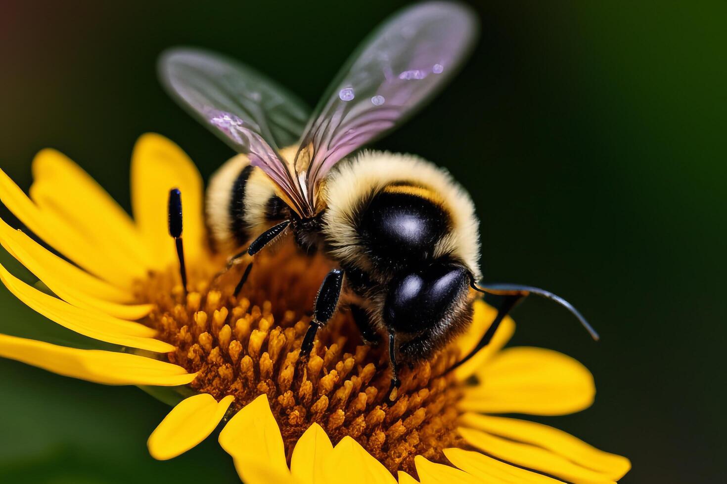 Bee is collecting nectar from a blossom with . photo