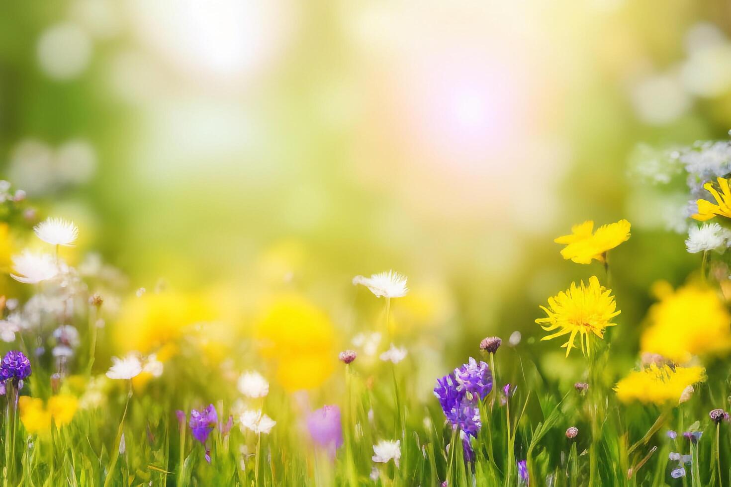 The dandelions in colorful spring nature with . photo