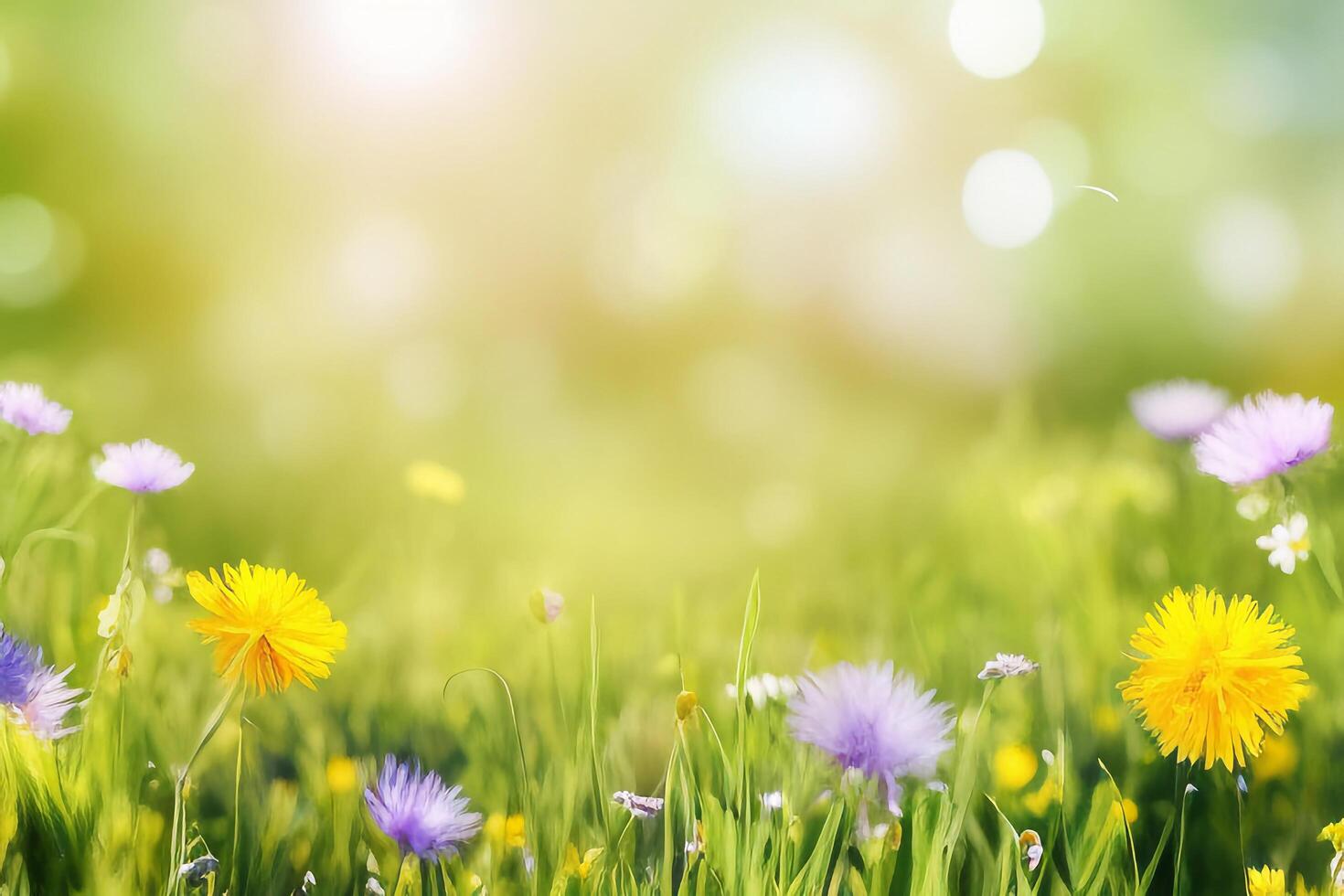 The dandelions in colorful spring nature with . photo