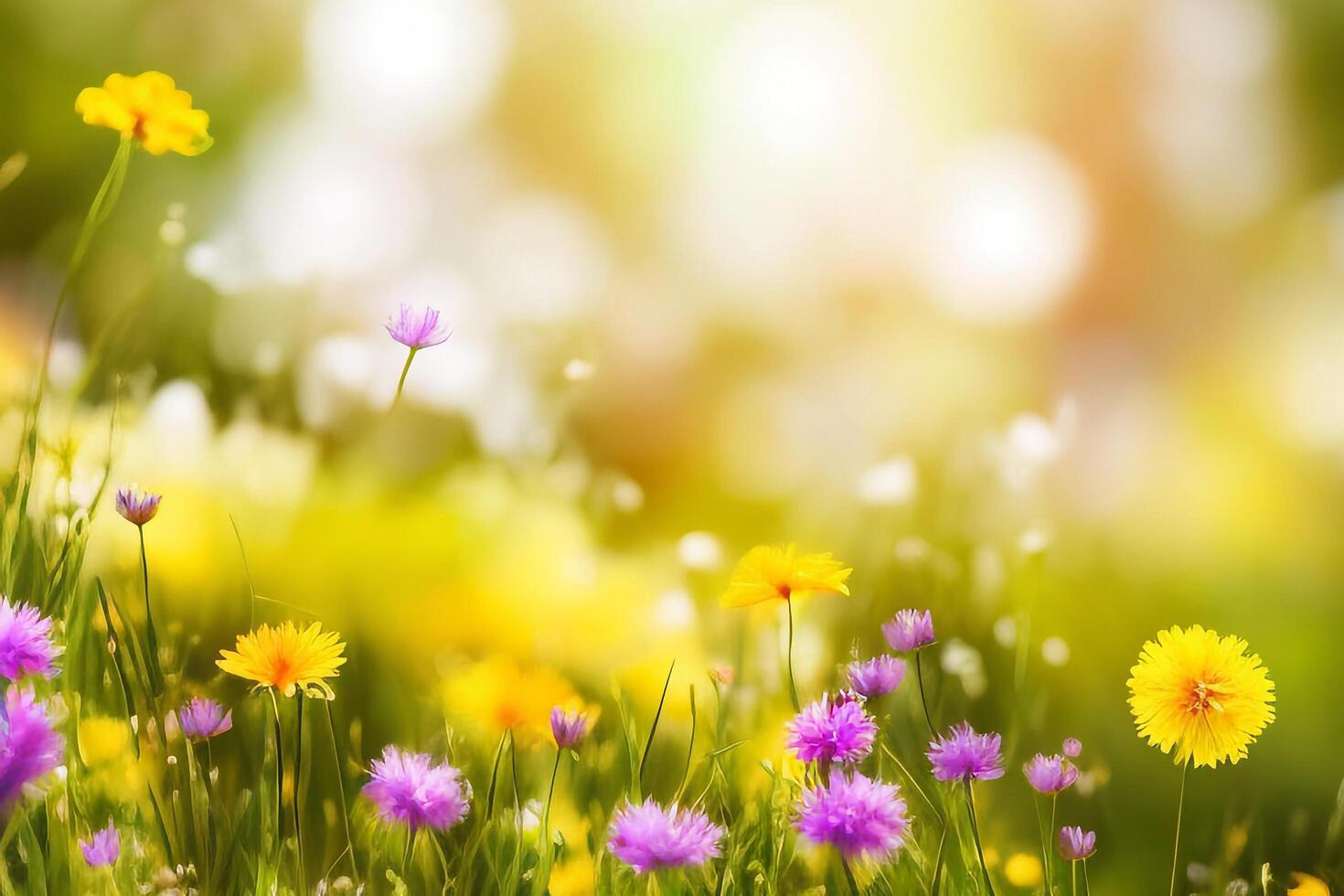 The dandelions in colorful spring nature with . photo