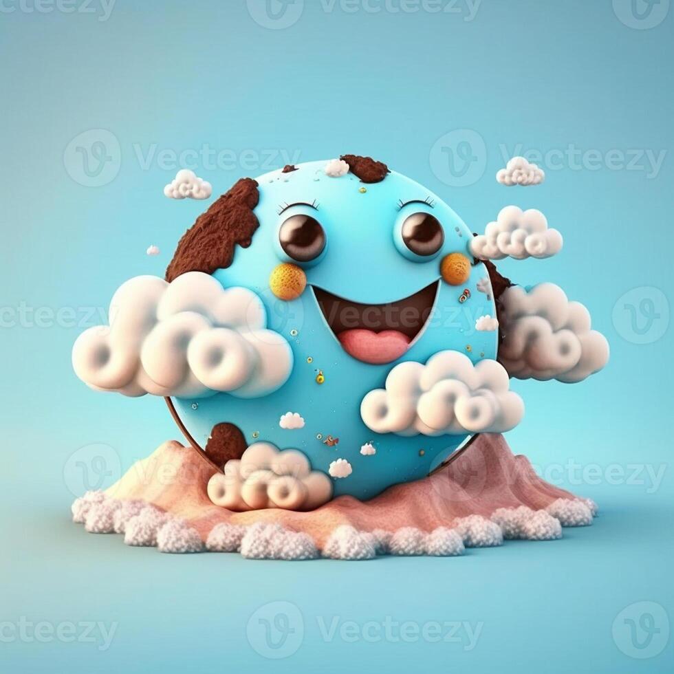 3d funny cartoon planet earth surrounded by clouds, photo