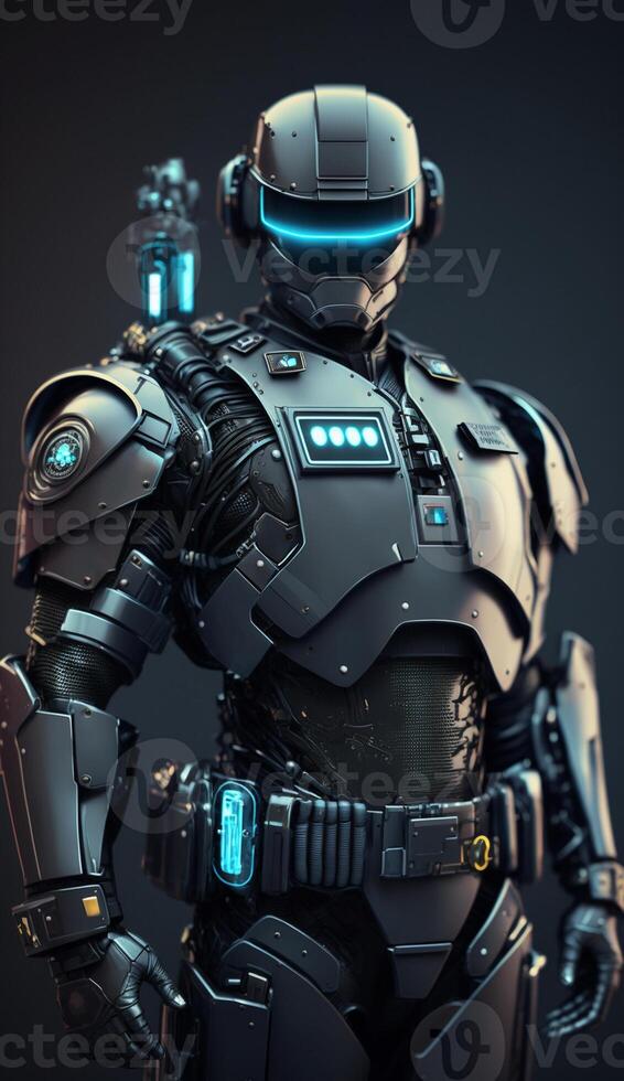 Ultra realistic 3d illustration of a policeman wearing a futuristic robot costume, photo