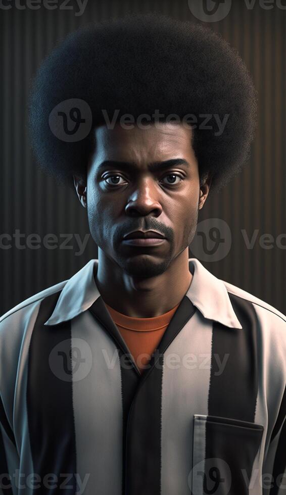 ultra realistic 3d illustration of a black skinned afro haired adult man wearing prison clothes with a straight expression, photo