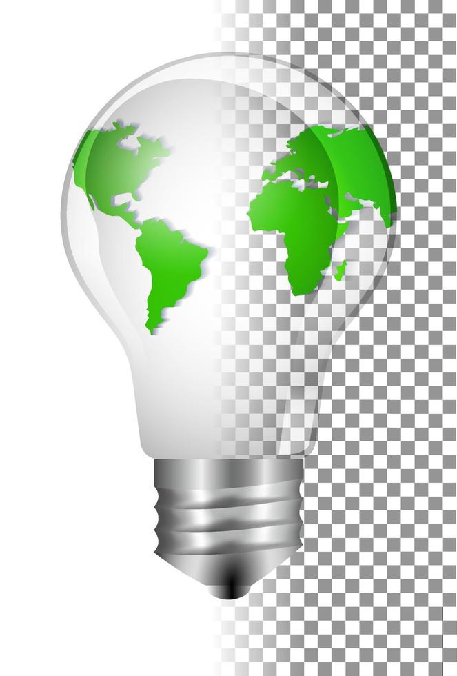 Realistic glass light bulb with a globe inside. Concept of green energy on the planet earth. Earth day, earth hour. Abstract map of the world in miniature vector