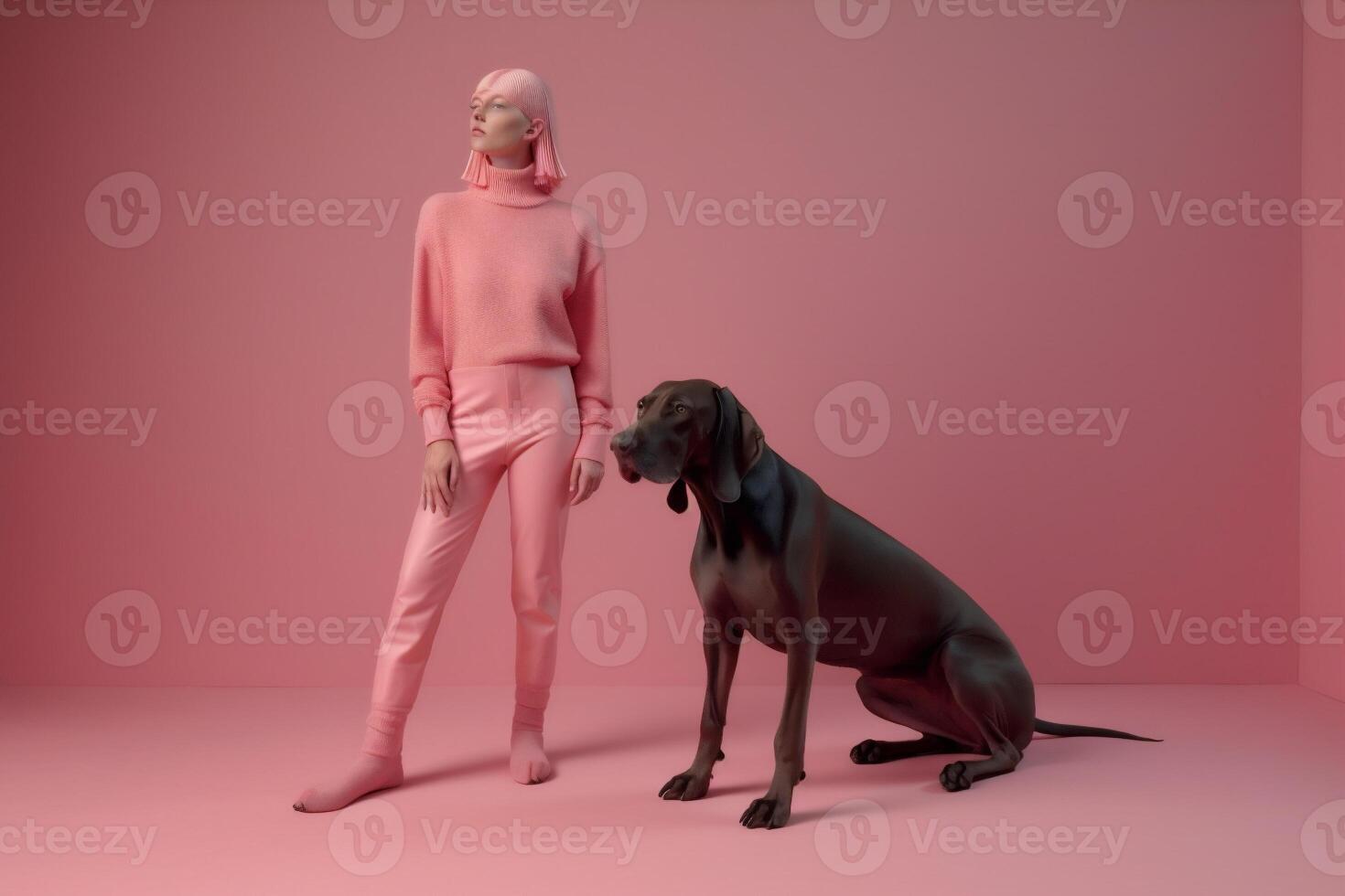 woman with Weimaraner dog in futuristic style photo