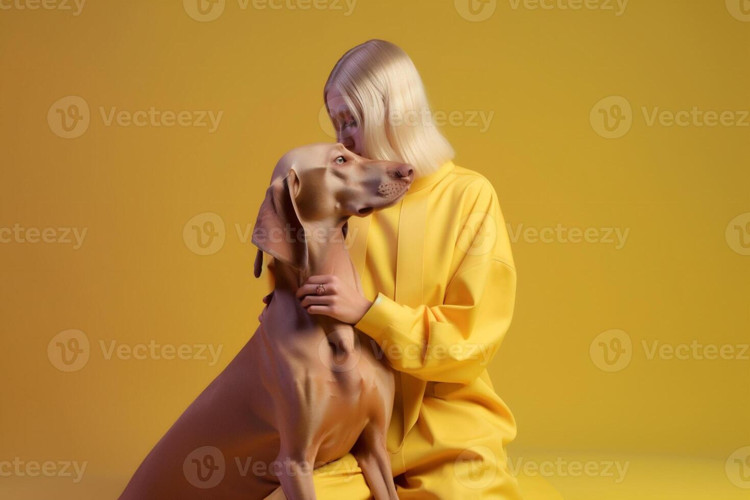 woman with Weimaraner dog in futuristic style photo