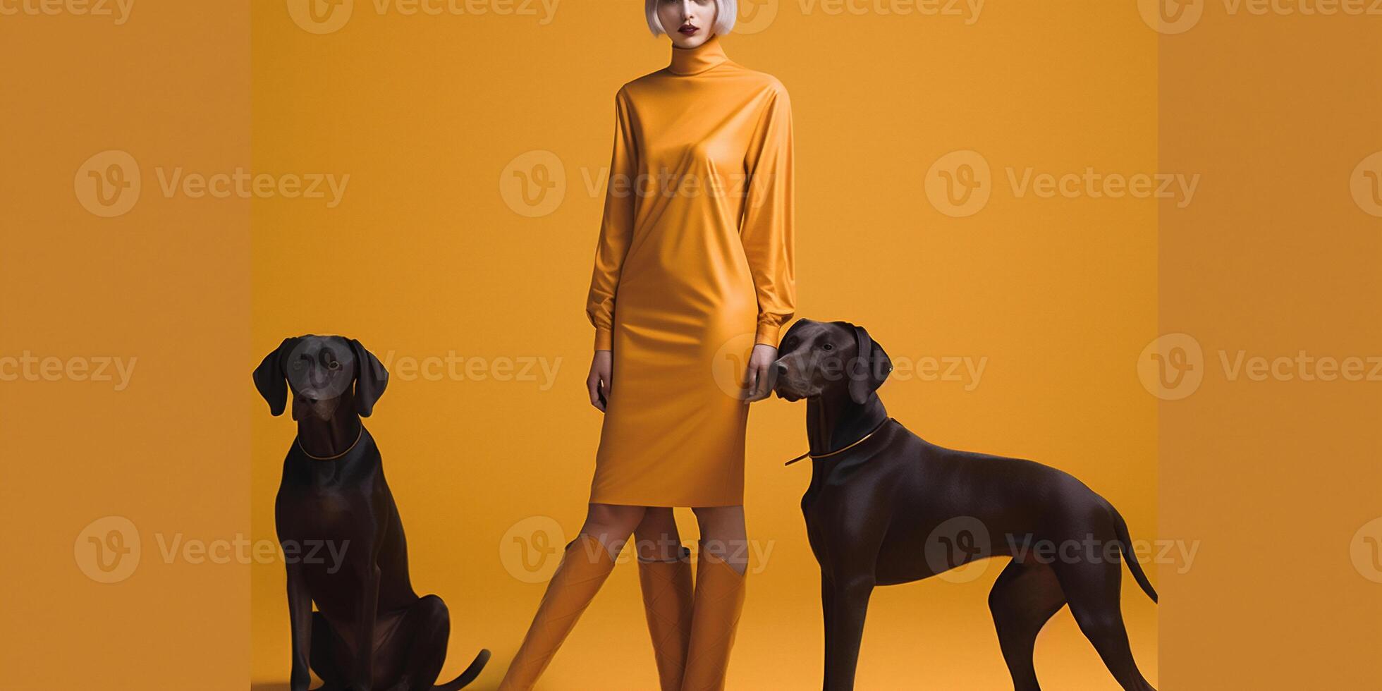 woman with Weimaraner dog in futuristic style photo